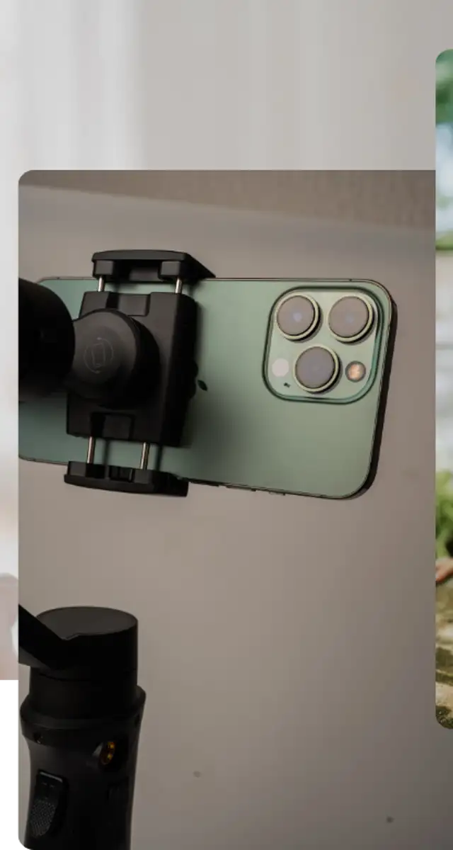 Tre billeder af personer, der bruger en gimbal. En gimbal giver dig mulighed for at få jævne optagelser, der ser super professionelle ud.